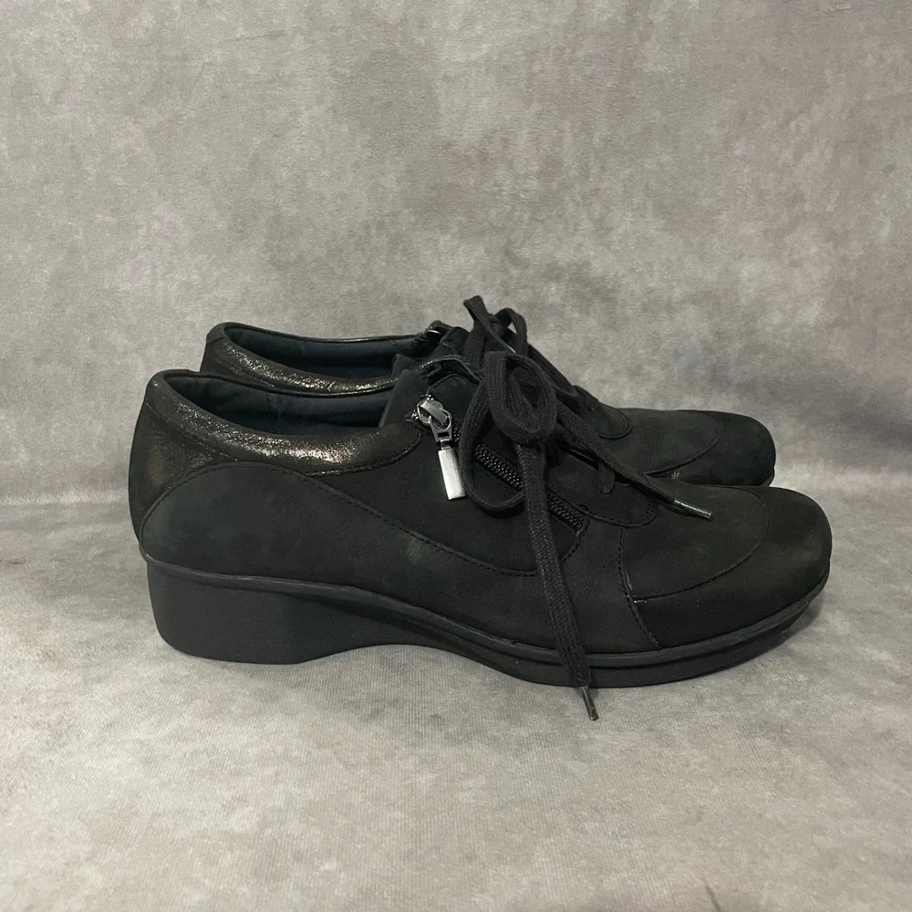 Dansko Hazel Black Leather Lace Up Comfort Shoes Womens EU 42 US 11.5 Side Zip